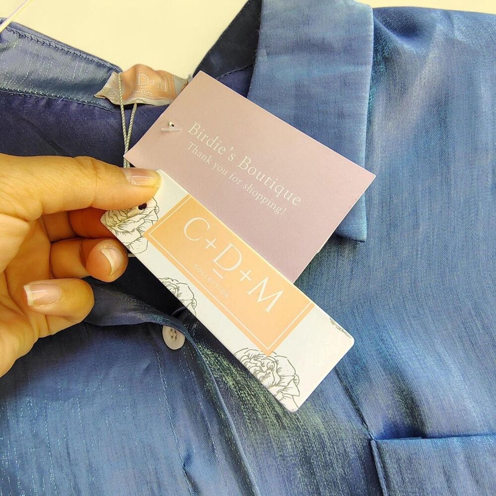 C+D+M Iridescent Shimmer French Blue Satin Button Down Blouse Shirt NWT SIZE L - Picture 7 of 8
